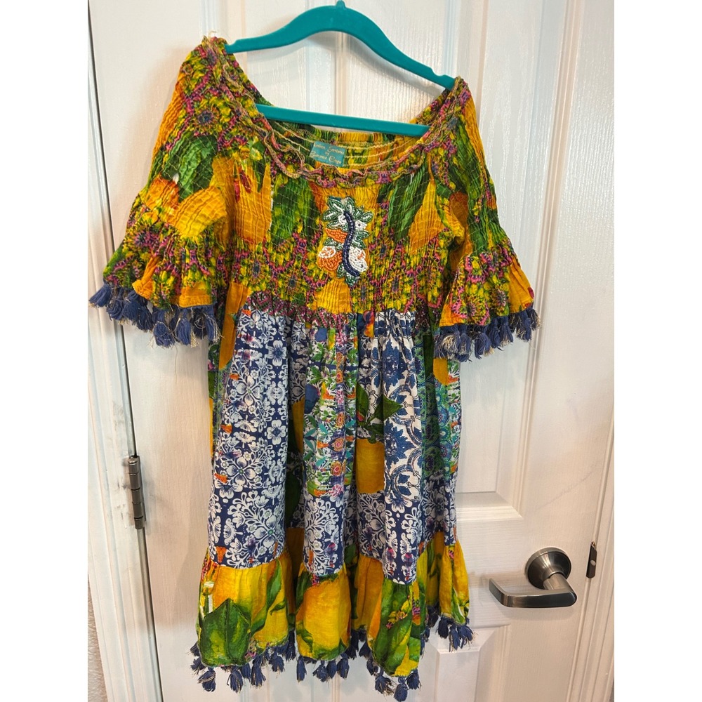 Antica Sartoria Dress Yellow Patchwork Lemon Beaded Tassel Boho Summer Kids OS